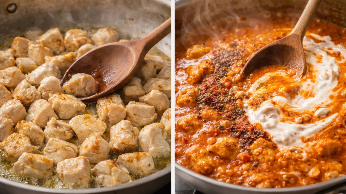 عملية طهي دجاج بالزبدة مع تحمير الدجاج وإضافة الكريمة إلى الصلصة