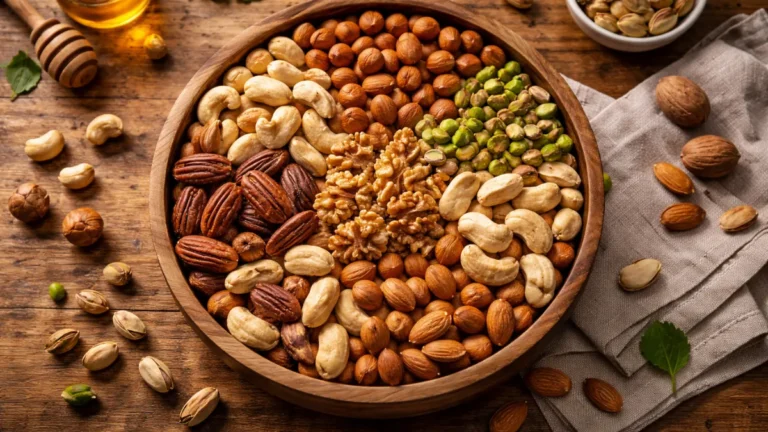 مجموعة من المكسرات مثل اللوز والجوز في وعاء خشبي يظهر تنوعها الصحي