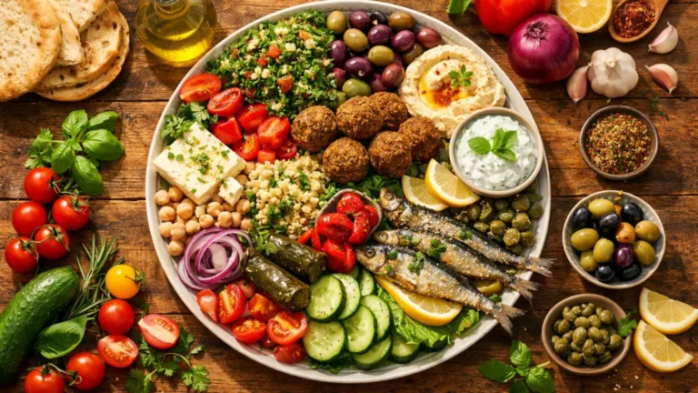 طبق غذائي متوسطي يجمع خضروات وفواكه وزيت زيتون وأسماك