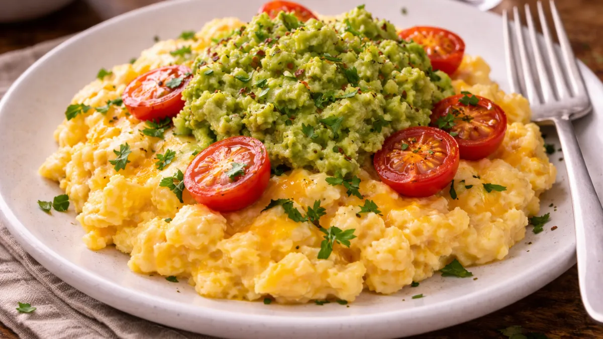 طبق إفطار كيتو سريع مع بيض مخفوق كريمي بالجبن وأفوكادو مهروس مزين بطماطم