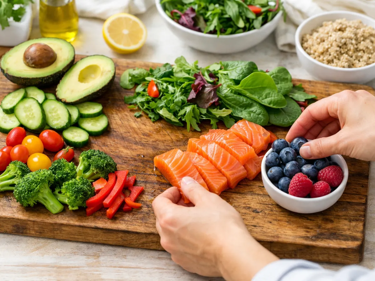 مكونات طعام صحية وملونة تمثل مفهوم التغذية الذكية والاختيار الواعي.