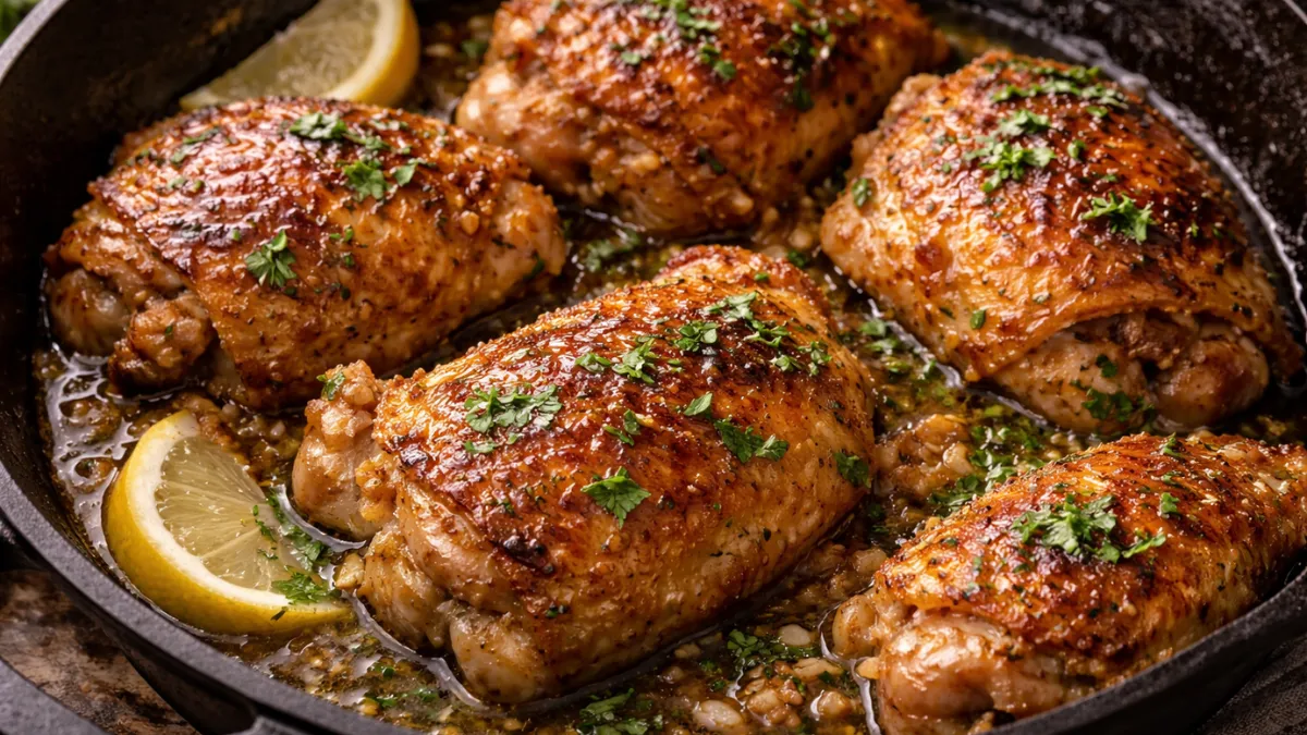 قطع دجاج فخذ مقرمشة مغطاة بصلصة زبدة الثوم في مقلاة حديدية
