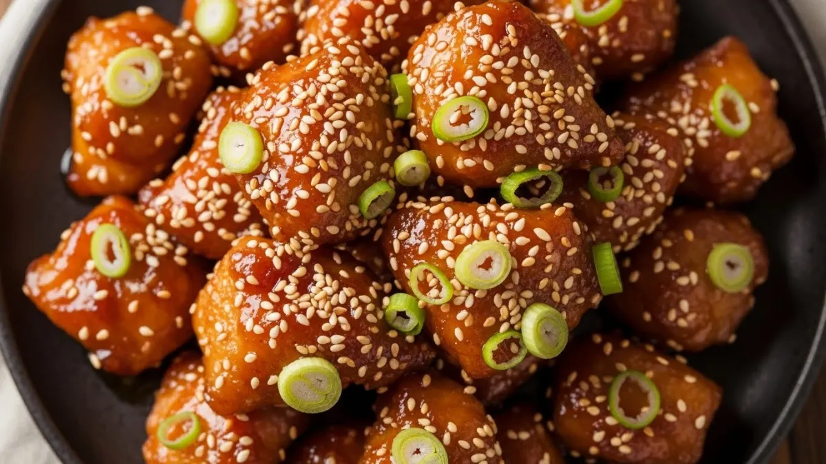 مكعبات دجاج مغطاة بصلصة عسل وثوم لزجة مع بذور سمسم وبصل أخضر