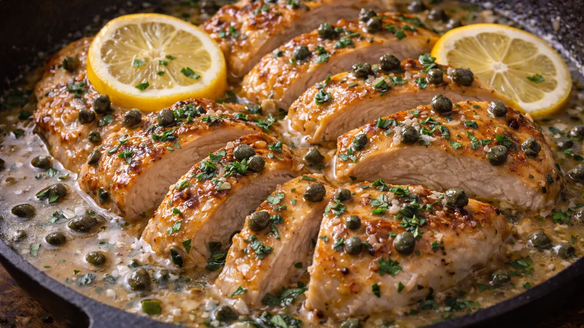 شرائح دجاج بيكاتا مغطاة بصلصة ليمون لامعة مع كابر وبقدونس في مقلاة