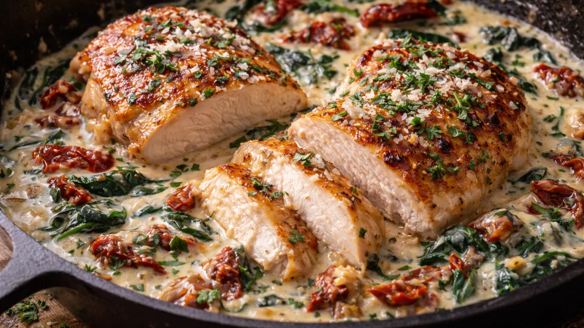 صدور دجاج توسكاني كريمية مغطاة بصلصة ثوم وسبانخ وطماطم مجففة في مقلاة