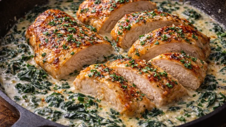 صدور دجاج كريمية بالسبانخ مغطاة بصلصة بارميزان غنية في مقلاة