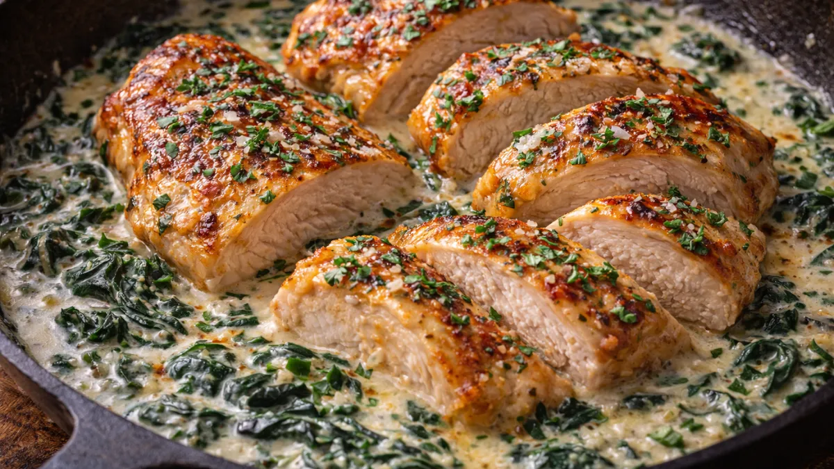 صدور دجاج كريمية بالسبانخ مغطاة بصلصة بارميزان غنية في مقلاة