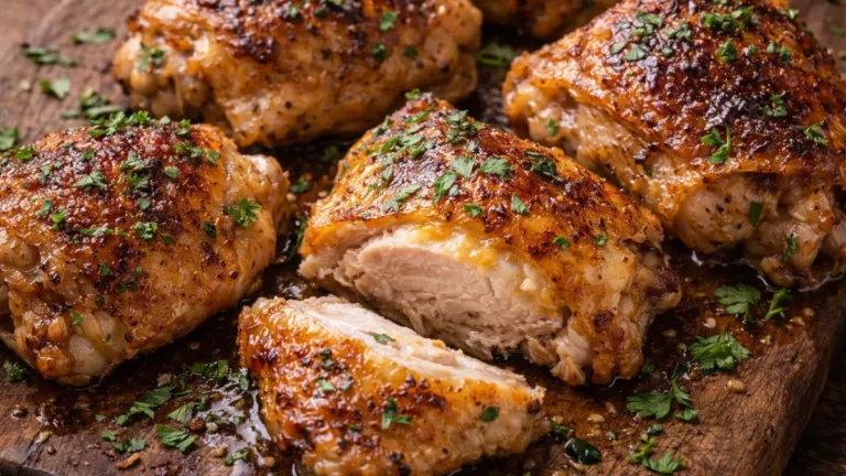 قطع فخذ دجاج مخبوزة مقرمشة بجلد ذهبي هش وعصاري