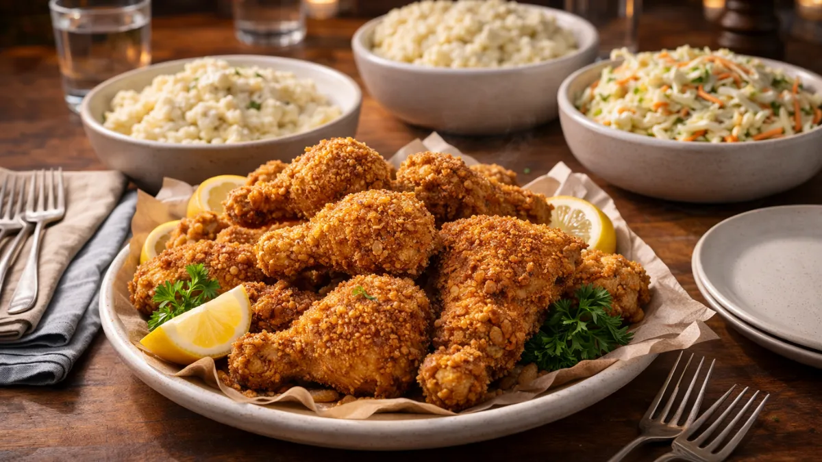 تقديم دجاج مقلي مقرمش كيتو مع سلطة ومهروس قرنبيط في جو عائلي