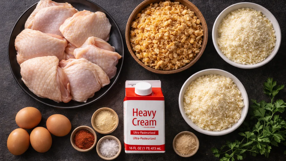 ترتيب مسطح لمكونات دجاج مقلي كيتو بما فيها الفخاذ وقشور الخنزير والتوابل