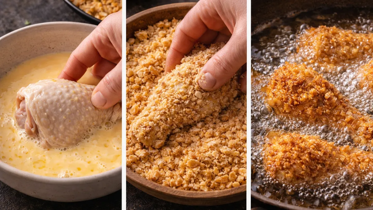 عملية تغطية الدجاج بخليط البيض ثم القشور وقليه في الزيت