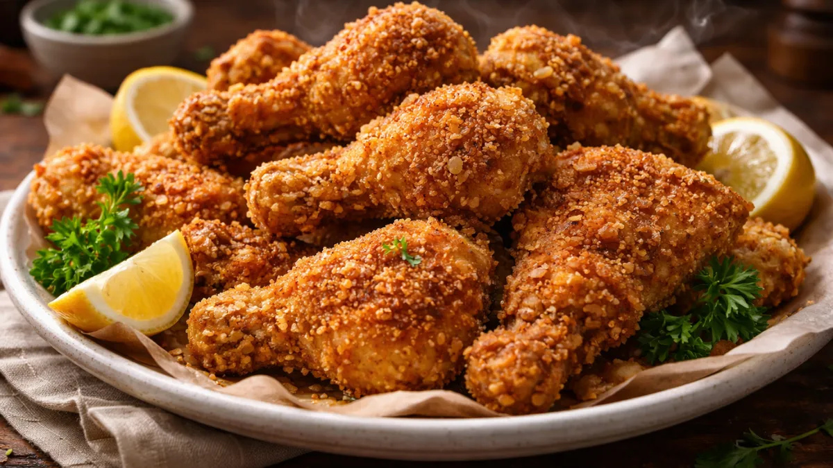 قطع دجاج مقلي مقرمش كيتو ذهبية اللون مع غطاء مقرمش واضح