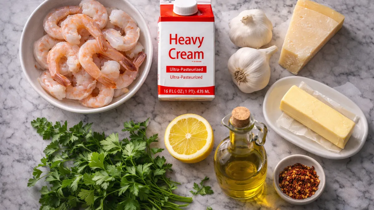 ترتيب مسطح لمكونات روبيان كريمي بالثوم الكيتو بما فيها الروبيان والكريمة والثوم