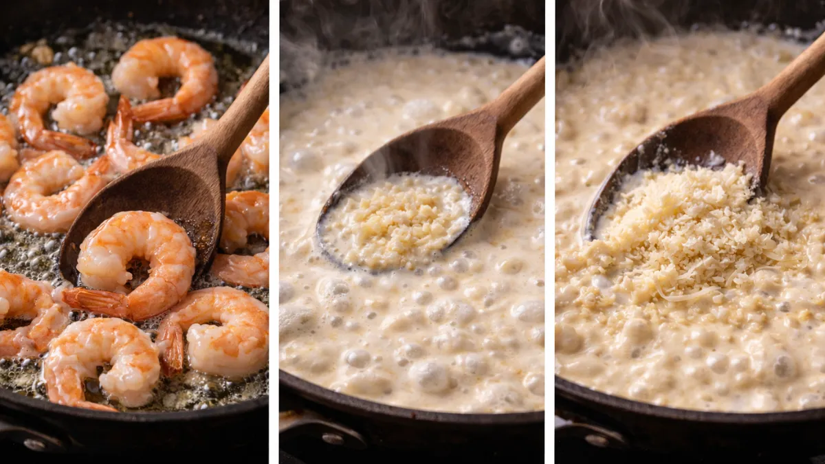 عملية طهي الروبيان بالثوم مع قلي الروبيان وإضافة الكريمة والبارميزان