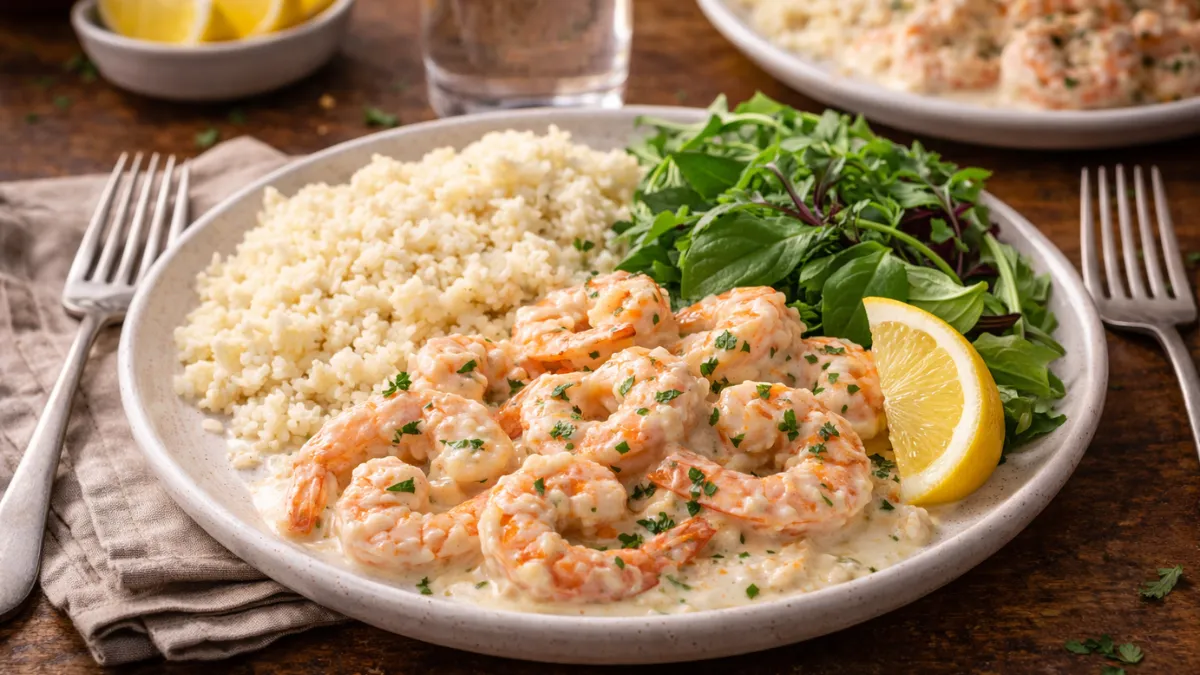 تقديم روبيان كريمي بالثوم الكيتو مع أرز قرنبيط في جو عائلي دافئ