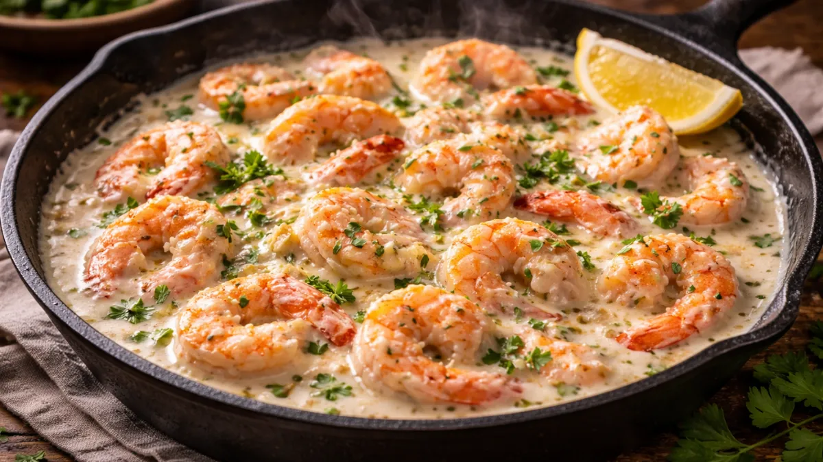 روبيان كريمي بالثوم الكيتو في مقلاة مع صلصة بارميزان غنية مزينة ببقدونس طازج