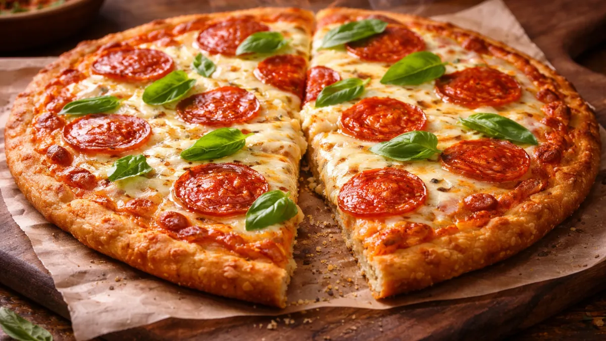 بيتزا كيتو كاملة على قشرة تشبه الخبز مع جبن ذائب وإضافات مزينة بأوراق ريحان