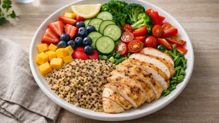 طبق متوازن يظهر توزيع الخضروات والفواكه والحبوب والبروتين