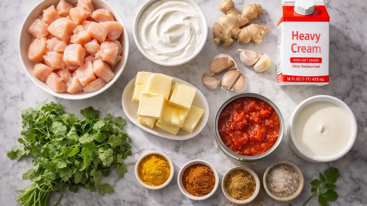 ترتيب مسطح لمكونات دجاج بالزبدة الكيتو بما فيها الدجاج والزبادي والتوابل والطماطم