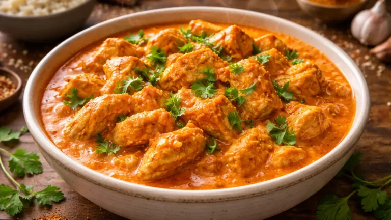 طبق دجاج بالزبدة الكيتو مع قطع دجاج طرية في صلصة كريمية برتقالية غنية مزينة بأوراق كزبرة طازجة