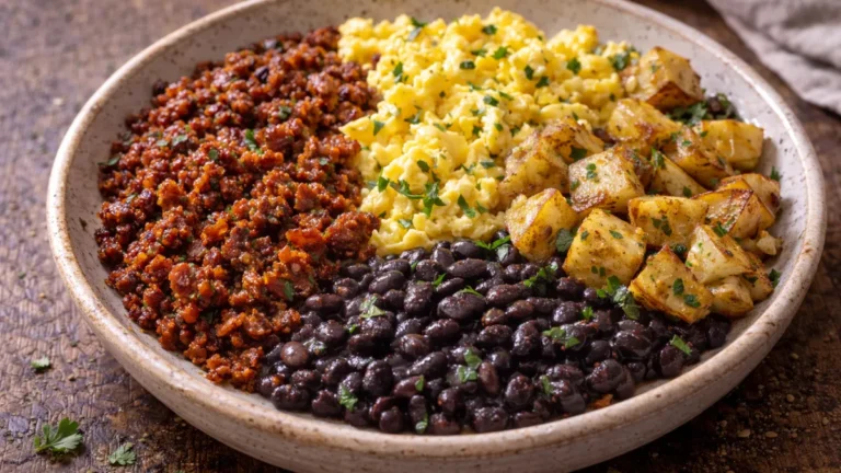 طبق إفطار بالكوريزو يحتوي على بيض وبطاطس وفاصوليا سوداء