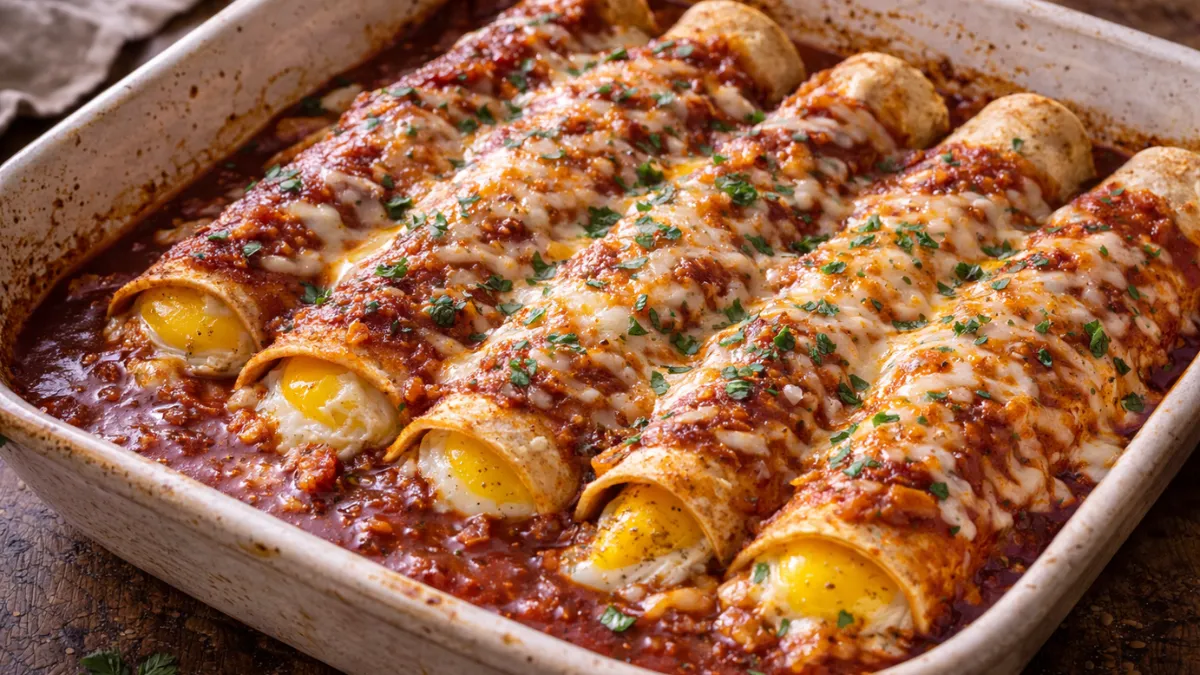 إنشيلادا إفطار مخبوزة بالبيض والجبن ومغطاة بالصلصة