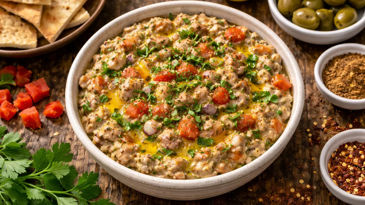 غموس رنجة مصرية مدخنة مقدم في طبق تقليدي.