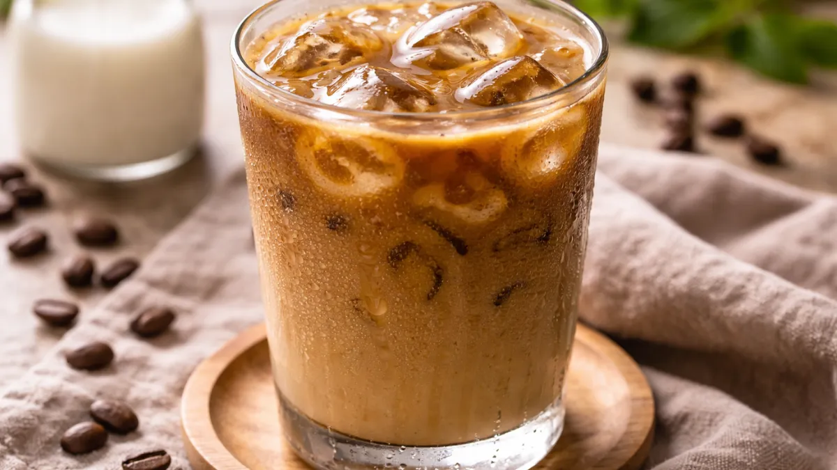 كوب قهوة مثلجة مع مكعبات ثلج في كأس زجاجي شفاف.