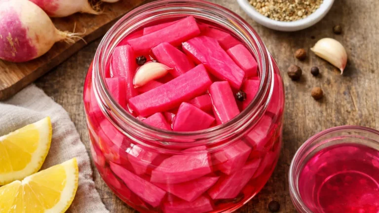 لفت مخلل وردي بلون طبيعي محفوظ في برطمان زجاجي.