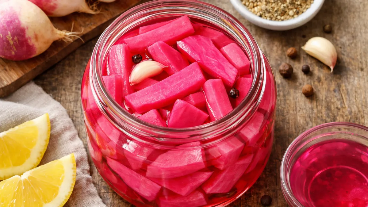 لفت مخلل وردي بلون طبيعي محفوظ في برطمان زجاجي.