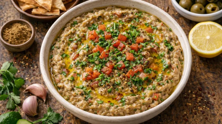 بابا غنوج بدون طحينة بقوام خفيف ونكهة مدخنة.