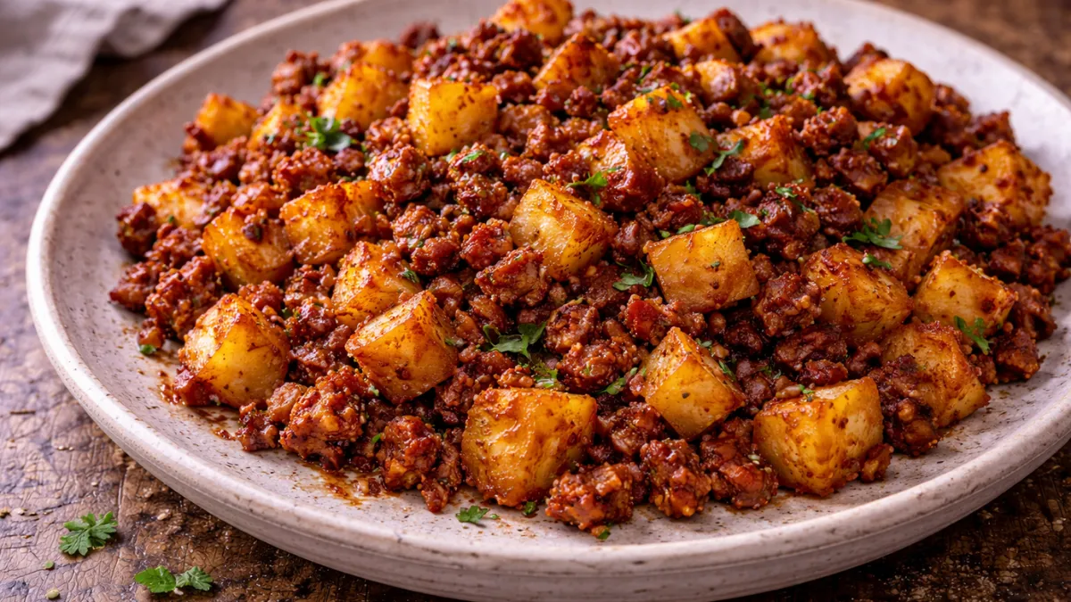 طبق باباس كون تشوريزو مكسيكي تقليدي من البطاطس والتشوريزو المطهو.