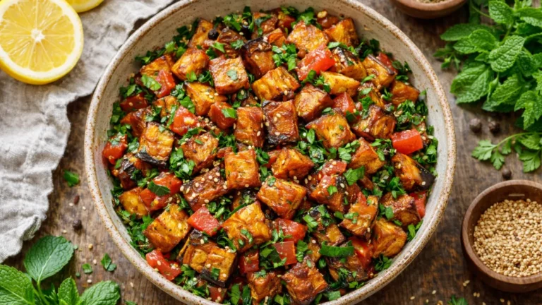 باذنجان مقلي شامي مع طماطم وبقدونس بقوام ذهبي.