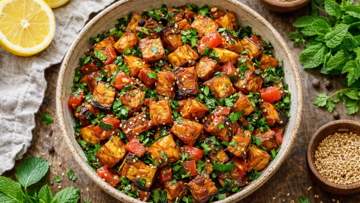 باذنجان مقلي شامي مع طماطم وبقدونس بقوام ذهبي.