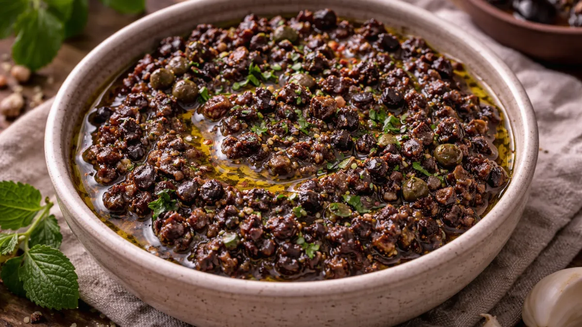 تابيناد زيتون أسود متوسطي بقوام قابل للدهن.