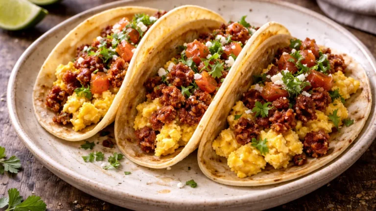 تاكو إفطار مكسيكي محشو بالبيض والكوريزو ومقدم في تورتيلا دافئة