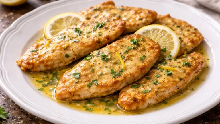 طبق تشيكن فرانسيز بصلصة الليمون والزبدة بقوام ناعم.