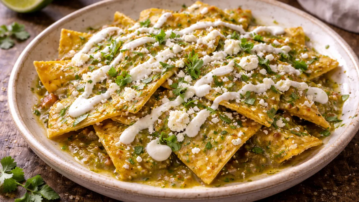 طبق تشيلاكيلس مكسيكي مغطى بالصلصة الخضراء والجبن والكريمة