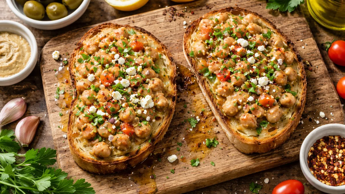 توست فول مدمس مزين بزيت الزيتون ومقدم ساخنًا.