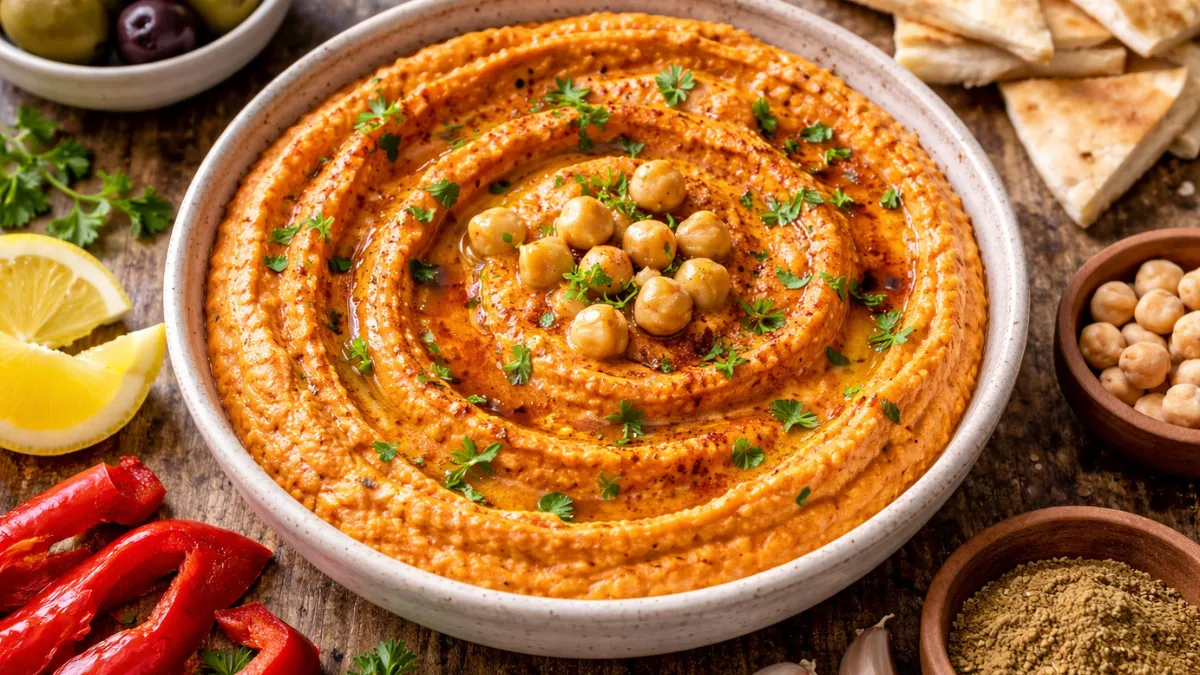 حمص فلفل أحمر مشوي بقوام كريمي ولون غني.