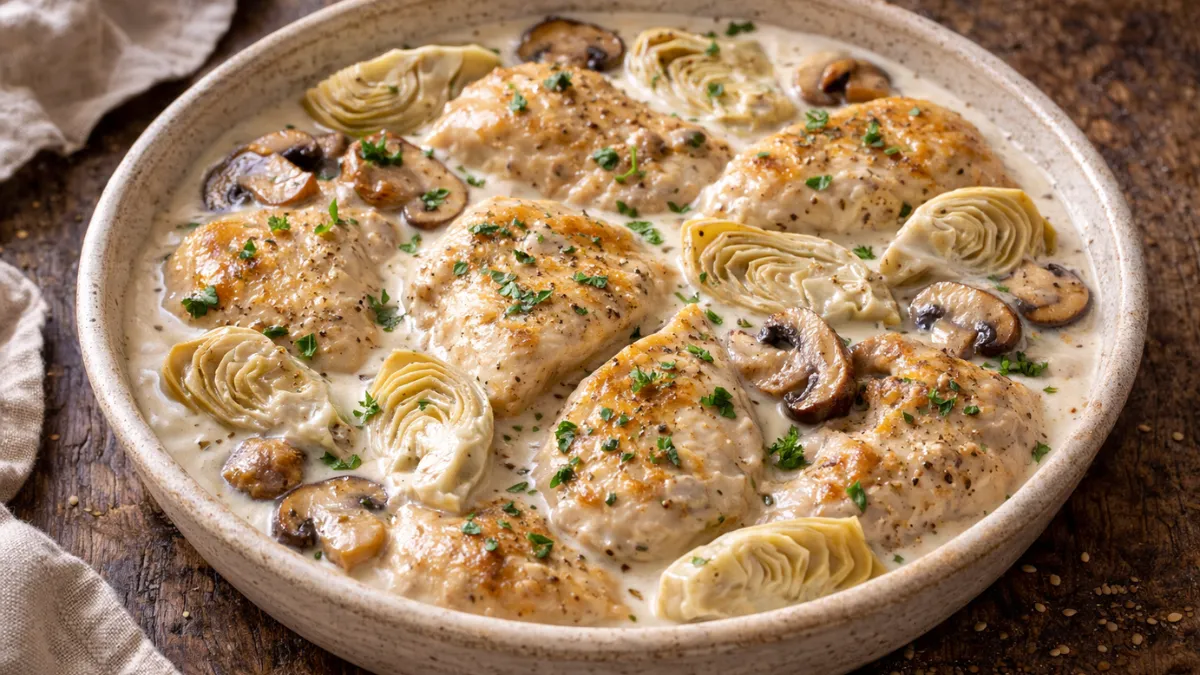طبق دجاج مع الخرشوف والفطر بصلصة خفيفة وقوام متماسك.