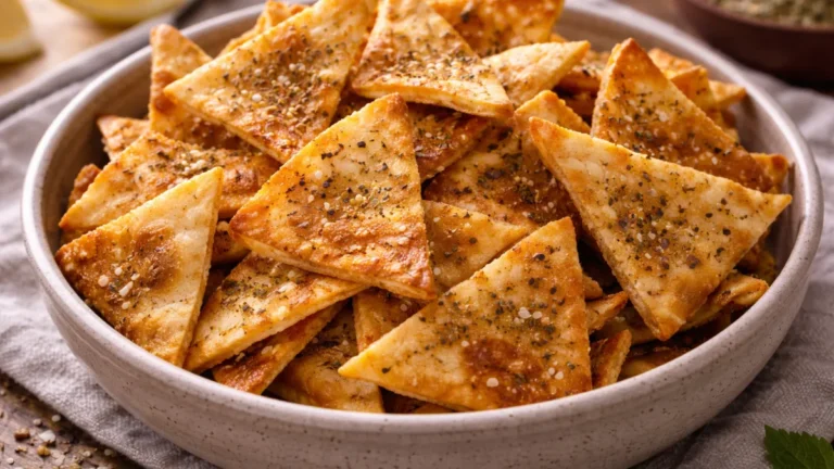 رقائق خبز بيتا مقلية ذهبية اللون بقوام مقرمش.