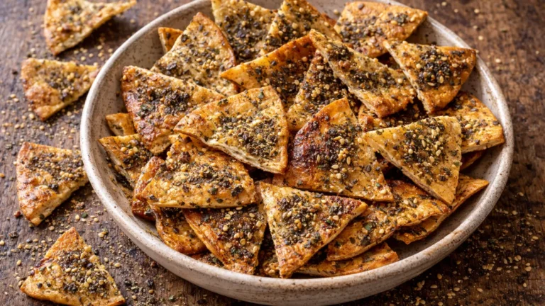 رقائق خبز بيتا بالزعتر بقوام مقرمش ولون ذهبي.