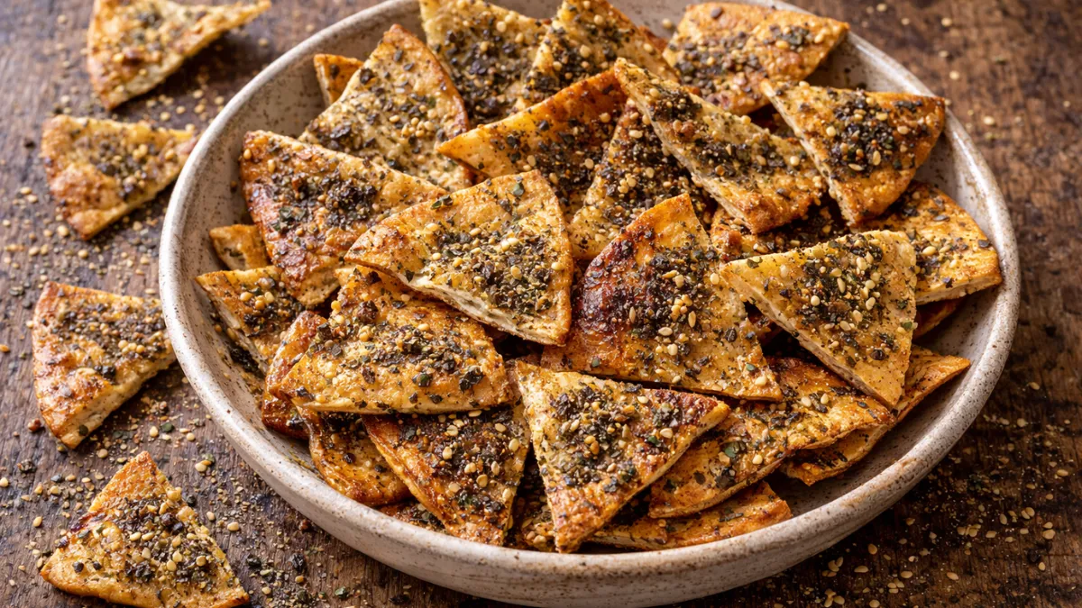 رقائق خبز بيتا بالزعتر بقوام مقرمش ولون ذهبي.