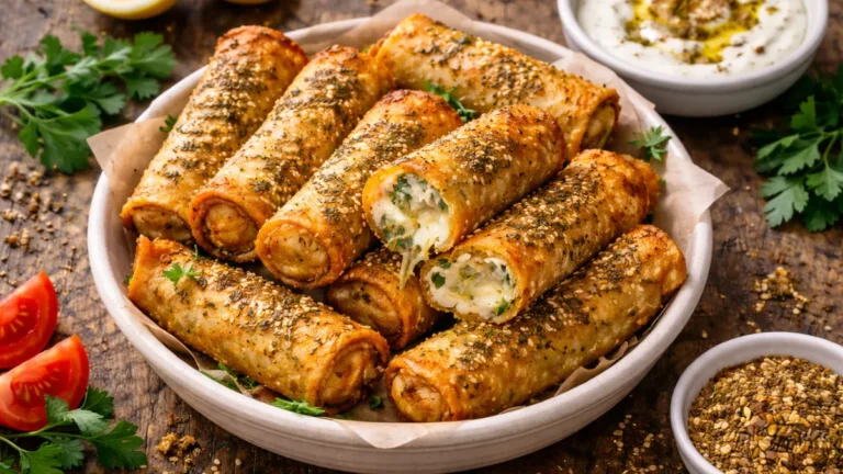 سبرينغ رولز مقلية محشوة بالجبن والزعتر بقوام ذهبي مقرمش.