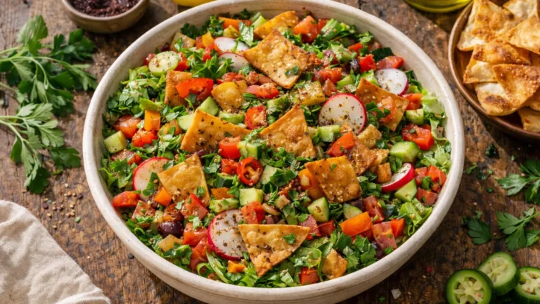 سلطة فتوش لبنانية مع رقائق خبز مقلي وخضار طازجة.