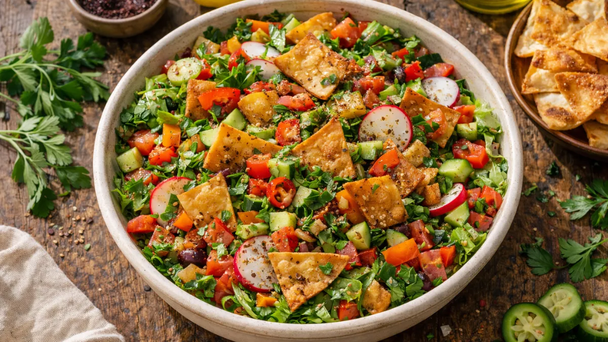 سلطة فتوش لبنانية مع رقائق خبز مقلي وخضار طازجة.