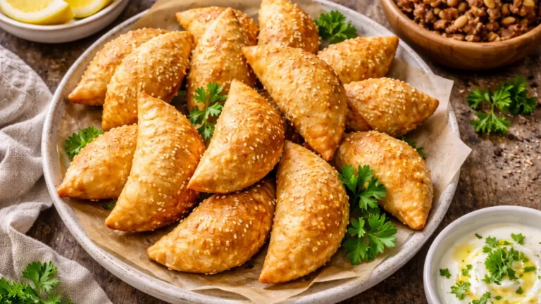 سمبوسك لحم لبناني مقلية بلون ذهبي ومقرمش.