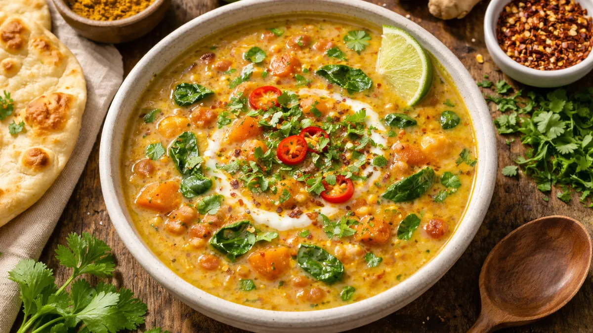 شوربة عدس بالكاري وحليب جوز الهند بقوام كريمي.