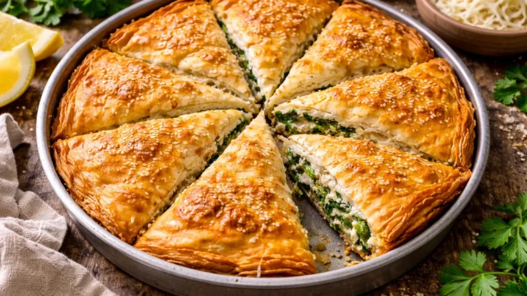 فطيرة سبانكوبيتا يونانية بطبقات فيلو ذهبية وحشوة سبانخ.